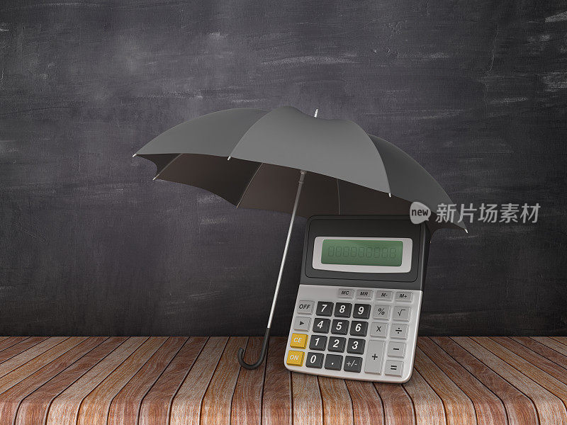 雨伞与计算器在木地板上-黑板背景- 3D渲染